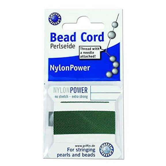 Griffin Nylon Bead Cord Perlseide – Green Color – Size 16 (1.05mm) – 2 Meters per Card – Stainless Steel Needle Attached – for Knotting Pearls, Gemstones, Crystals and Beads