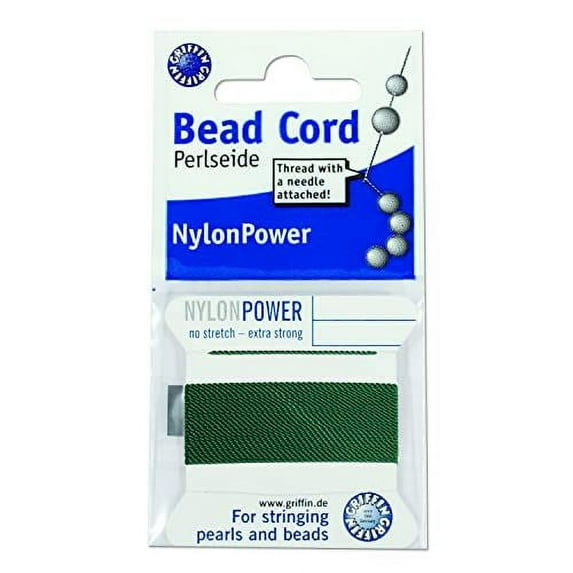 Griffin Nylon Bead Cord Perlseide – Green Color – Size 3 (0.50mm) – 2 Meters per Card – Stainless Steel Needle Attached – for Knotting Pearls, Gemstones, Crystals and Beads