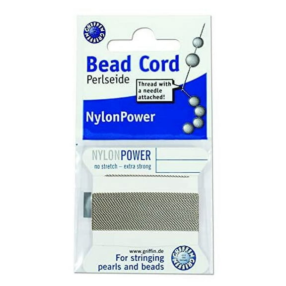 Griffin Nylon Bead Cord Perlseide Grey Color Size 7 (0.75mm) 2 Meters per Card Stainless Steel Needle Attached for Knotting Pearls, Gemstones, Crystals and Beads