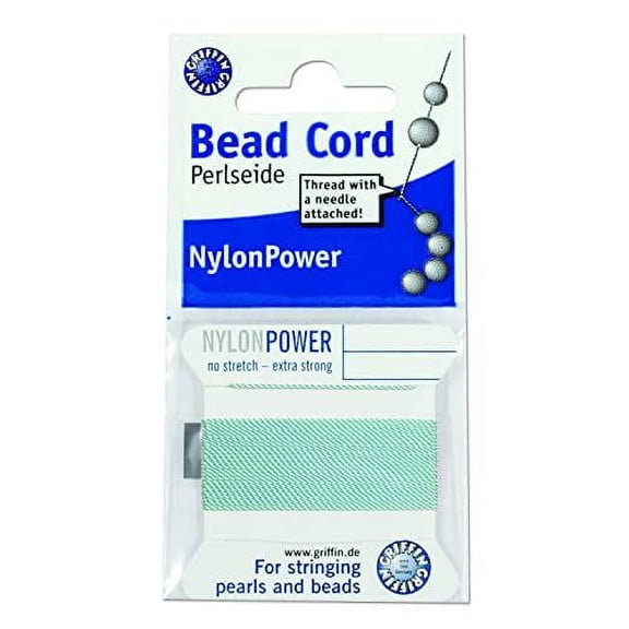 Griffin Nylon Bead Cord Perlseide  Turquoise Color  Size 16 (1.05mm)  2 Meters per Card  Stainless Steel Needle Attached  for Knotting Pearls, Gemstones, Crystals and Beads