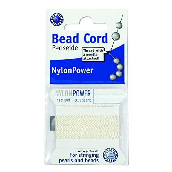 Griffin Nylon Bead Cord Perlseide White Color Size 12 (0.98mm) 2 Meters per Card Stainless Steel Needle Attached for Knotting Pearls, Gemstones, Crystals and Beads