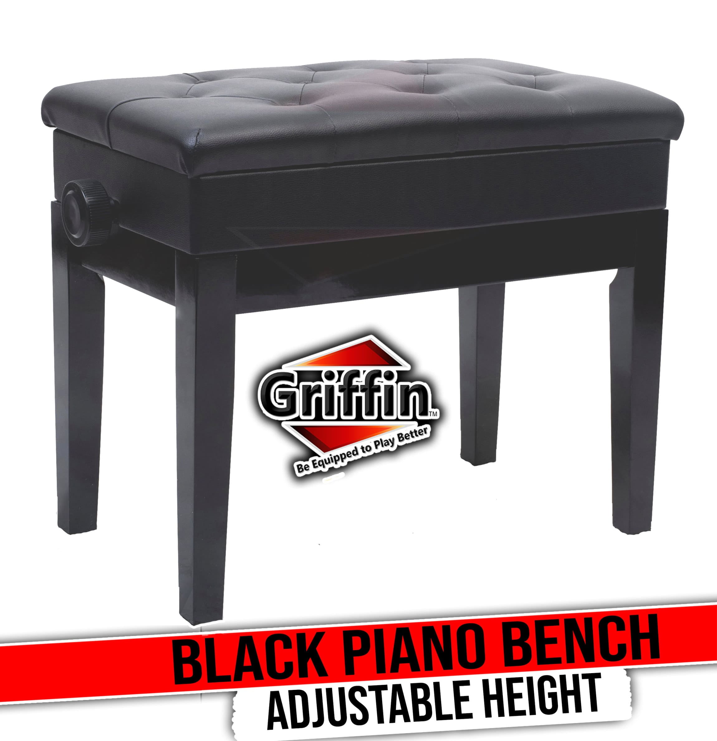 Griffin Piano Bench - Black Solid Wood Frame & Luxurious, Comfortable PU Leather - Padded Seat Keyboard Stool With Hidden Storage Space - Sturdy Vintage, Adjustable, Antique Design