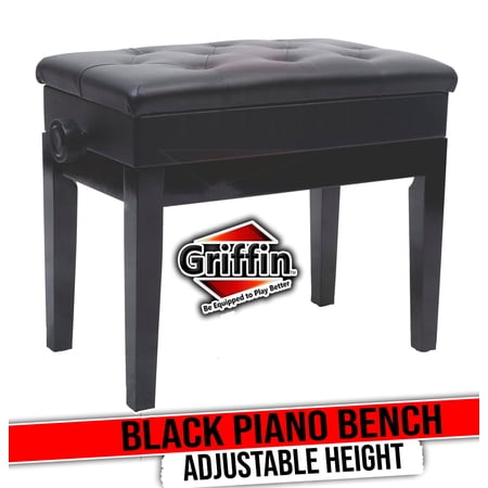 Griffin Piano Bench - Black Solid Wood Frame & Luxurious, Comfortable PU Leather - Padded Seat Keyboard Stool With Hidden Storage Space - Sturdy Vintage, Adjustable, Antique Design