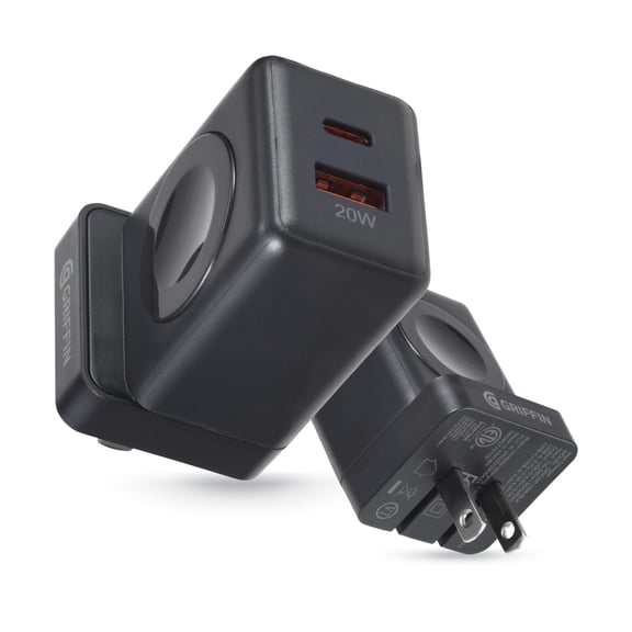 Griffin PowerBlock 20W Wall Charger with Smartwatch Wireless Charging, Dual USB-A & USB-C Ports, Fast Charging for Phones and Smartwatches