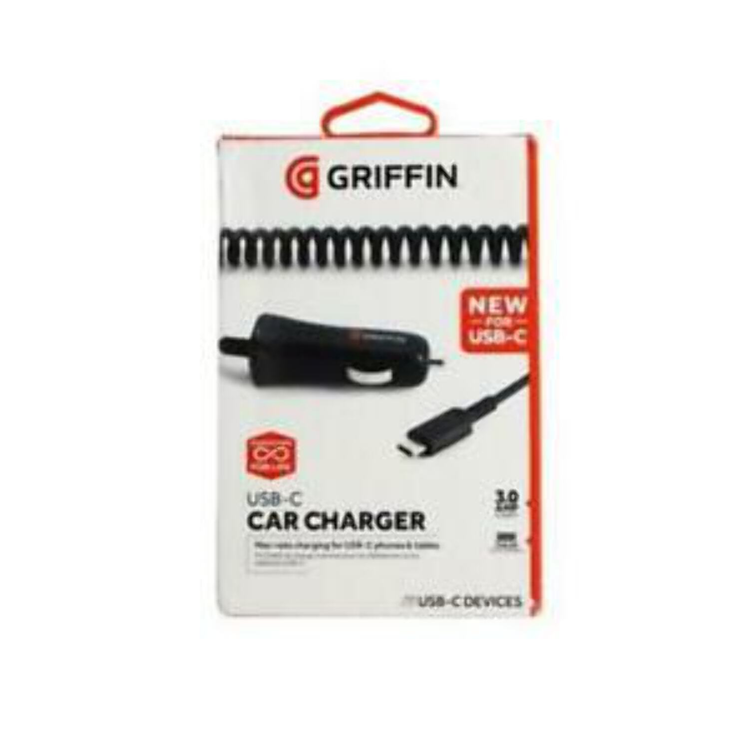 Griffin PowerJolt SE 3FT USBC (Type C) 15W 3A Coiled Car Charger Black