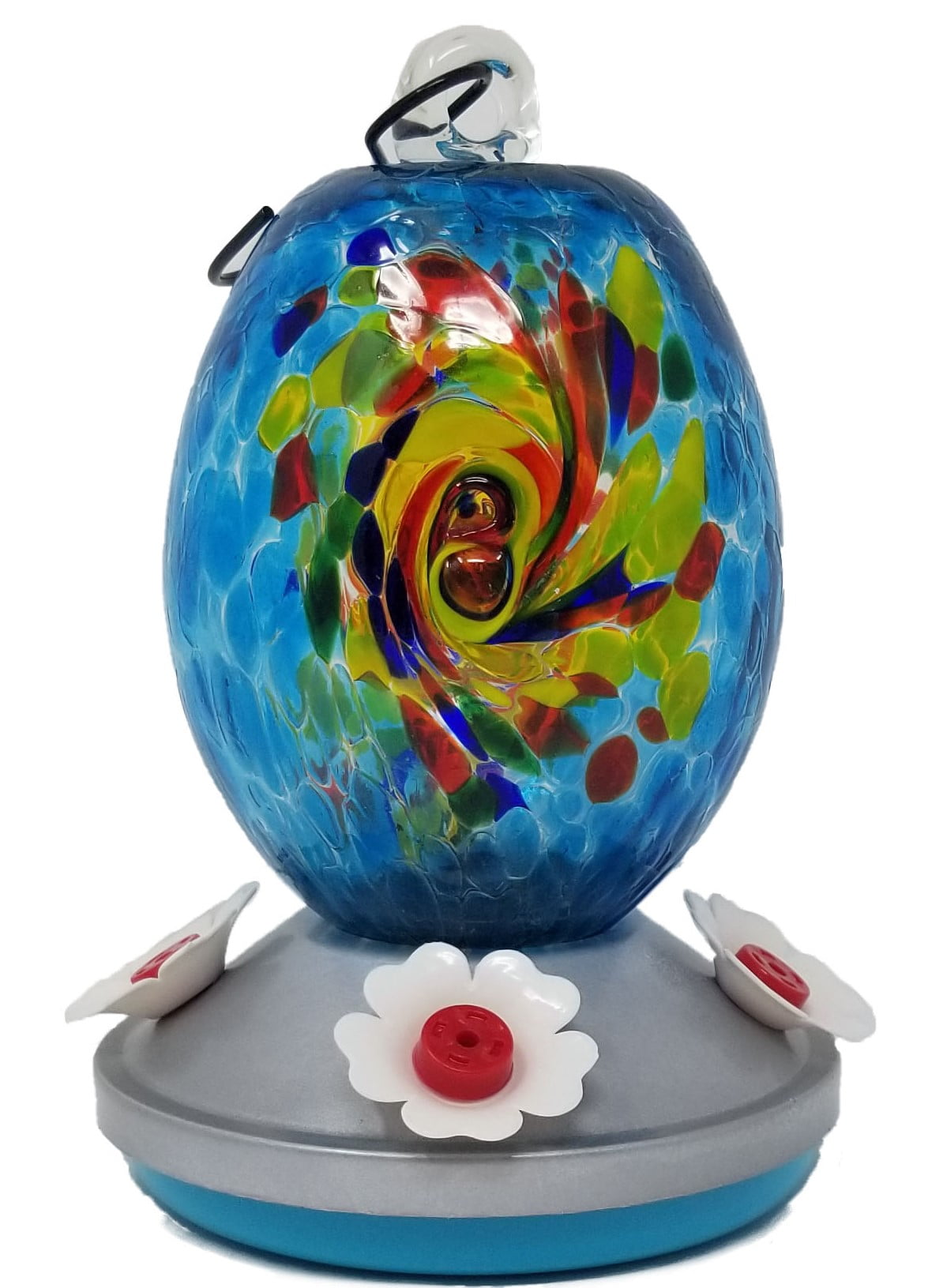 Griffin Products 16 oz. Blue Teal Hand Blown Glass Hummingbird Feeder