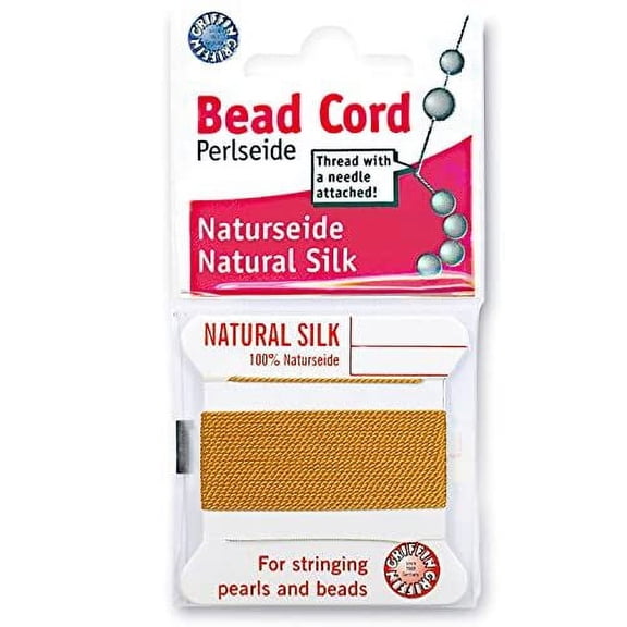 Griffin Silk Bead Cord Perlseide  Amber Color  Size 5 (0.65mm)  2 Meters per Card  Stainless Steel Needle Attached  for Knotting Pearls, Gemstones, Crystals and Beads