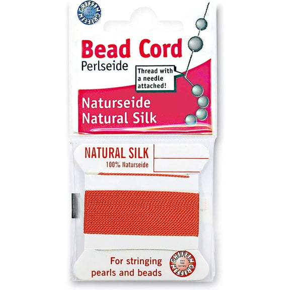 Griffin Silk Bead Cord Perlseide - Coral Color - Size 12 (0.98mm) - 2 meters per card - Stainless Steel Needle Attached - For Knotting Pearls, Gemstones, Crystals and Beads