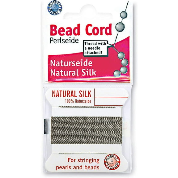 Griffin Silk Bead Cord Perlseide - Grey Color - Size 2 (0.45mm) - 2 Meters per Card – Stainless Steel Needle Attached – for Knotting Pearls, Gemstones, Crystals and Beads