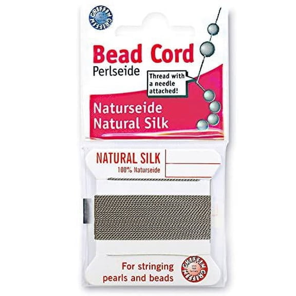 Griffin Silk Bead Cord Perlseide – Grey Color – Size 5 (0.65mm) – 2 Meters per Card – Stainless Steel Needle Attached – for Knotting Pearls, Gemstones, Crystals and Beads