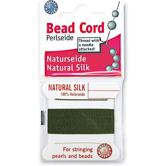Griffin Silk Bead Cord Perlseide - Olive Color – Size 0 (0.30mm) – 2 meters per card – Stainless Steel Needle Attached – For Knotting Pearls, Gemstones, Crystals and Beads