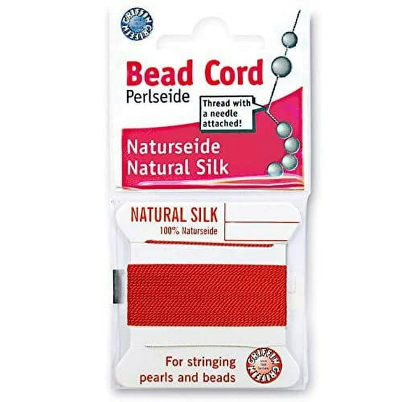 Griffin Silk Bead Cord Perlseide  Red Color  Size 0 (0.30mm)  2 Meters per Card  Stainless Steel Needle Attached  for Knotting Pearls, Gemstones, Crystals and Beads