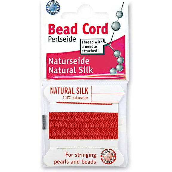 Griffin Silk Bead Cord Perlseide  Red Color  Size 12 (0.98mm)  2 Meters per Card  Stainless Steel Needle Attached  for Knotting Pearls, Gemstones, Crystals and Beads