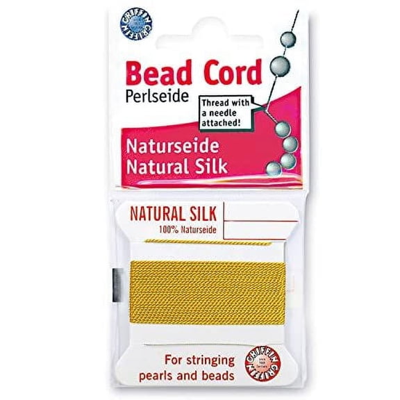 Griffin Silk Bead Cord Perlseide – Yellow Color – Size 0 (0.30mm) – 2 Meters per Card – Stainless Steel Needle Attached – for Knotting Pearls, Gemstones, Crystals and Beads