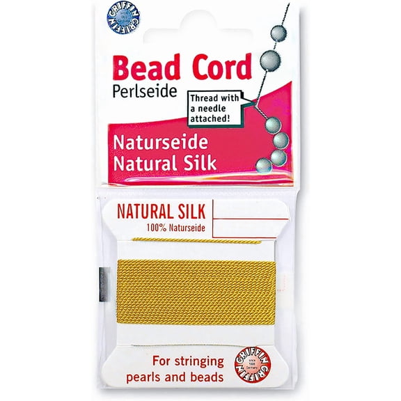 Griffin Silk Bead Cord Perlseide - Yellow Color Size 2 (0.45mm) 2 meters per card Stainless Steel Needle Attached For Knotting Pearls, Gemstones, Crystals and Beads