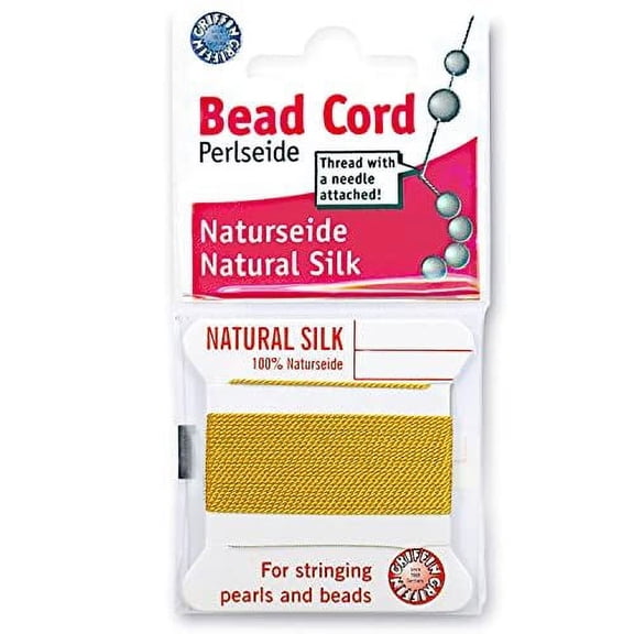 Griffin Silk Bead Cord Perlseide – Yellow Color – Size 5 (0.65mm) – 2 Meters per Card – Stainless Steel Needle Attached – for Knotting Pearls, Gemstones, Crystals and Beads