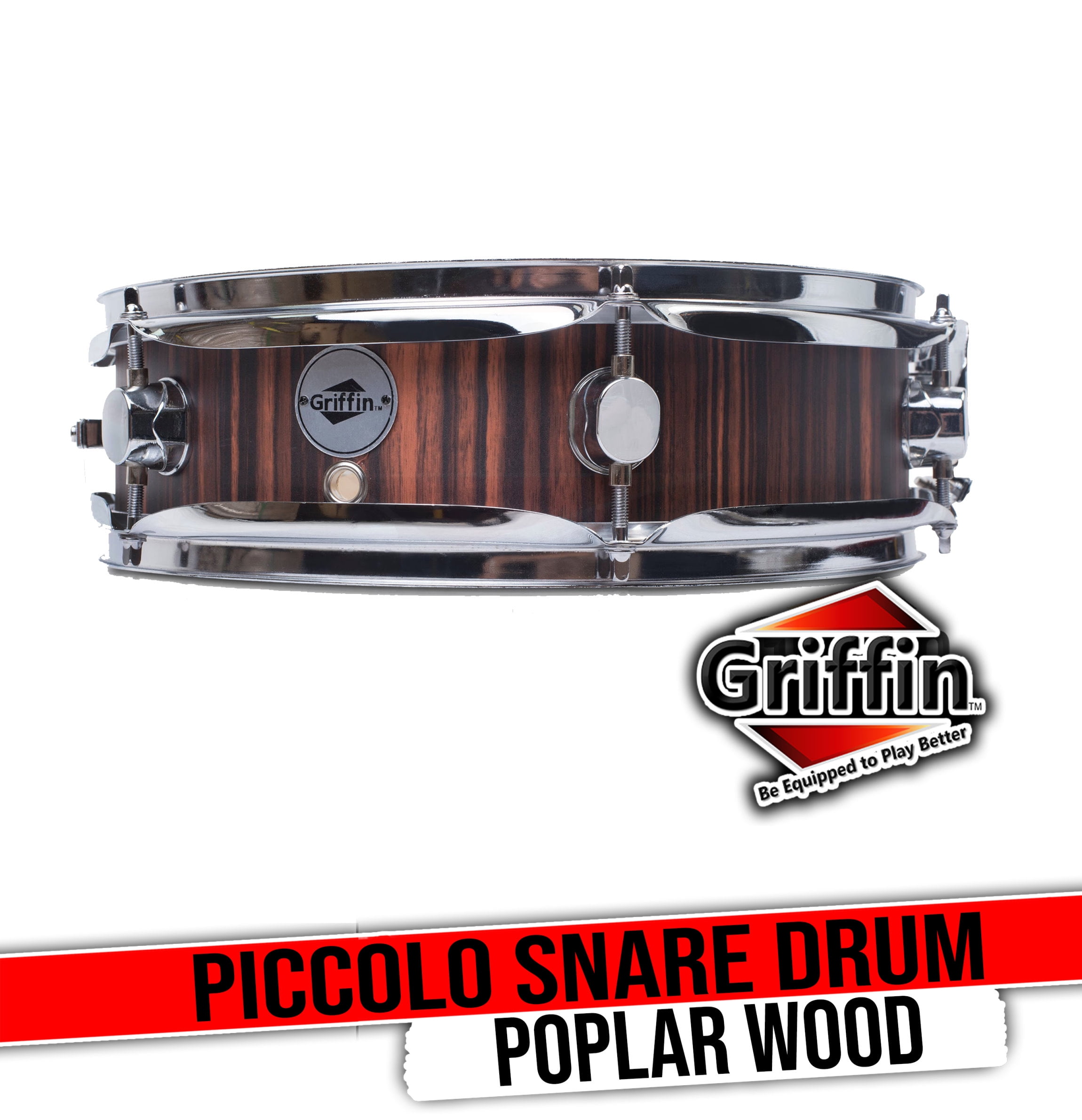 Griffin Snare Drum 13" x 3 - 5" Piccolo - 100% Poplar Wood Shell with Black Hickory Finish and Coated Drum Head - Professional Drummers Percussion Instrument with Bright Tone and Brilliant Attack