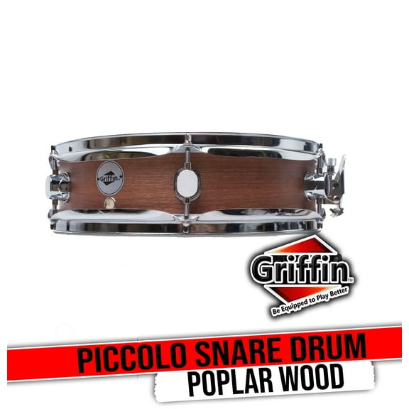 Griffin Snare Drum 13" x 3 - 5" - Piccolo 100% Poplar Wood Shell with Flat Hickory Finish and Coated Drum Head - Professional Drummers Percussion Instrument with Bright Tone and Brilliant Attack
