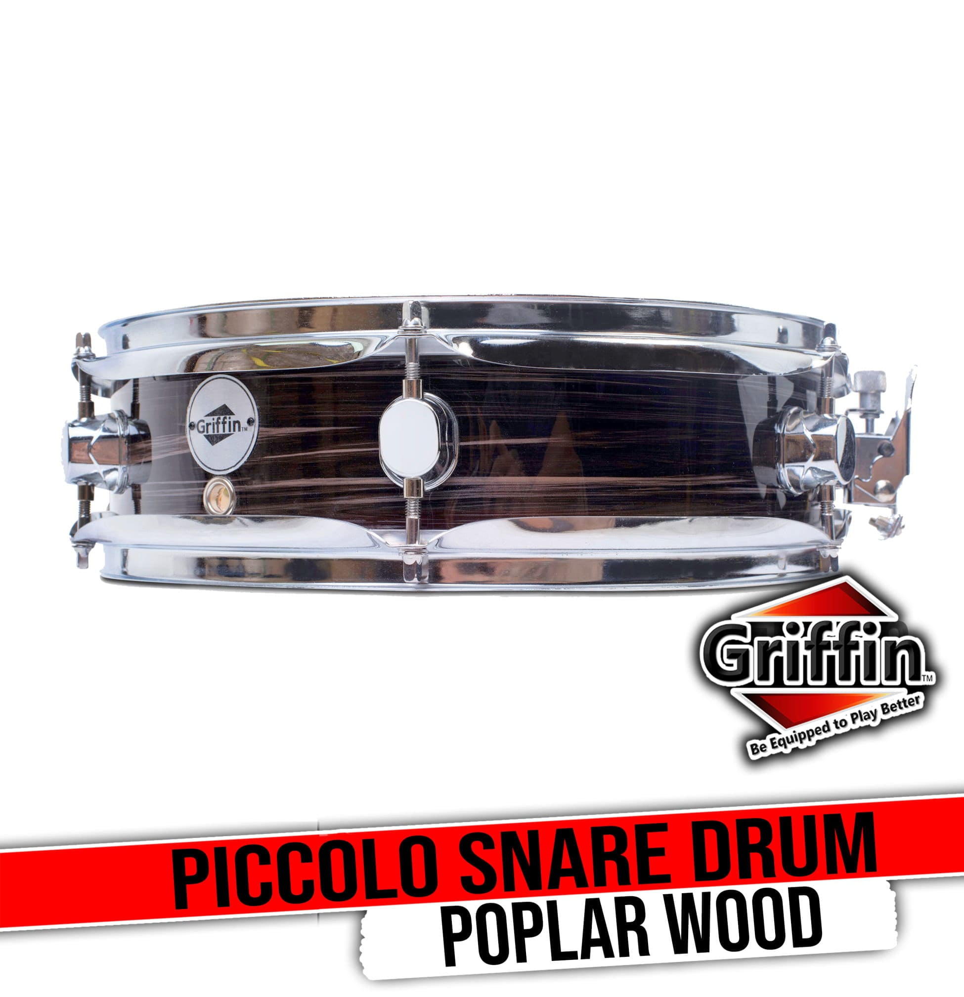 Griffin Snare Drum 13" x 3 - 5" - Piccolo 100% Poplar Wood Shell with Zebra Wood Finish and Coated Drum Head - Professional Drummers Percussion Instrument with Bright Tone and Brilliant Attack