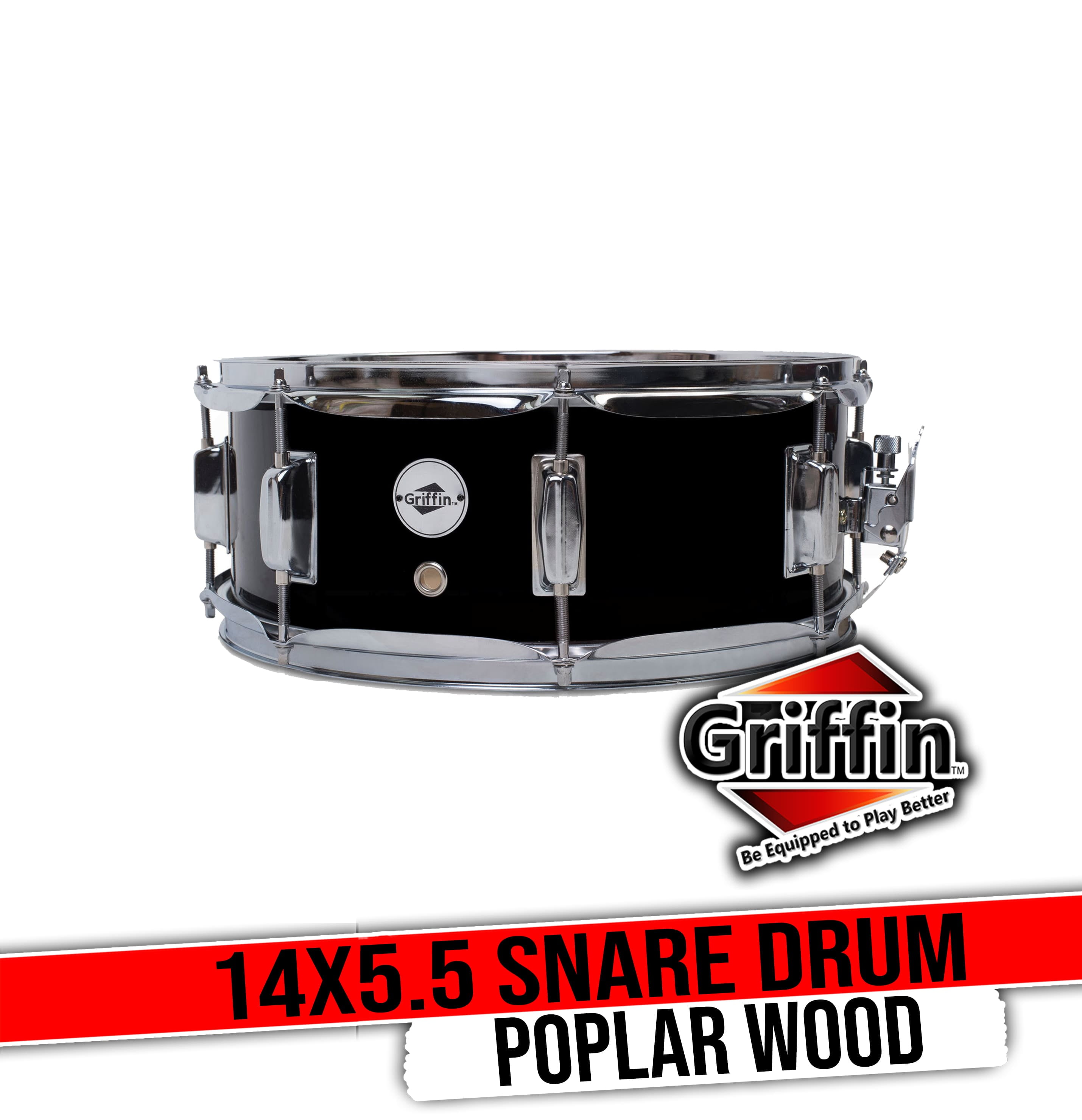 Griffin Snare Drum 14" x 5 - 5" Poplar Wood Shell with Black PVC Glossy Finish - Percussion Musical Instrument with Drummers Key for Students & Professionals 8 Tuning Lugs & Snare Strainer