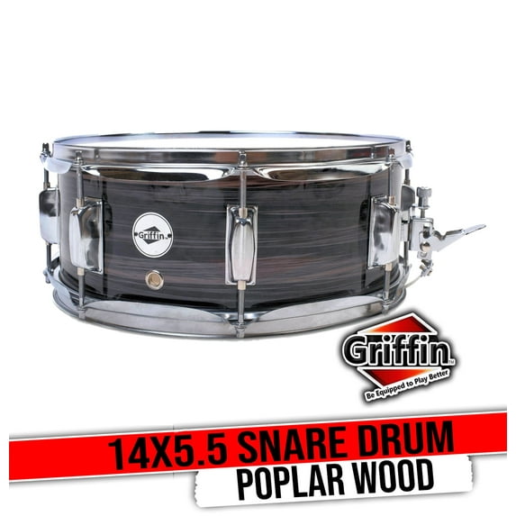 Griffin Snare Drum - 14" x 5 - 5" Poplar Wood Shell with Zebra PVC Glossy Finish Percussion Musical Instrument with Drummers Key