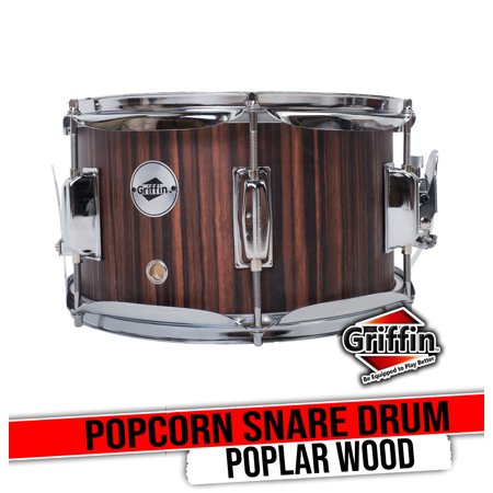 Griffin Snare Drum - Firecracker Soprano Popcorn 10" x 6" Poplar Wood Shell & Black Hickory PVC - Concert Percussion Musical Instrument with Drummers Key & Snare Strainer Beginner & Professional
