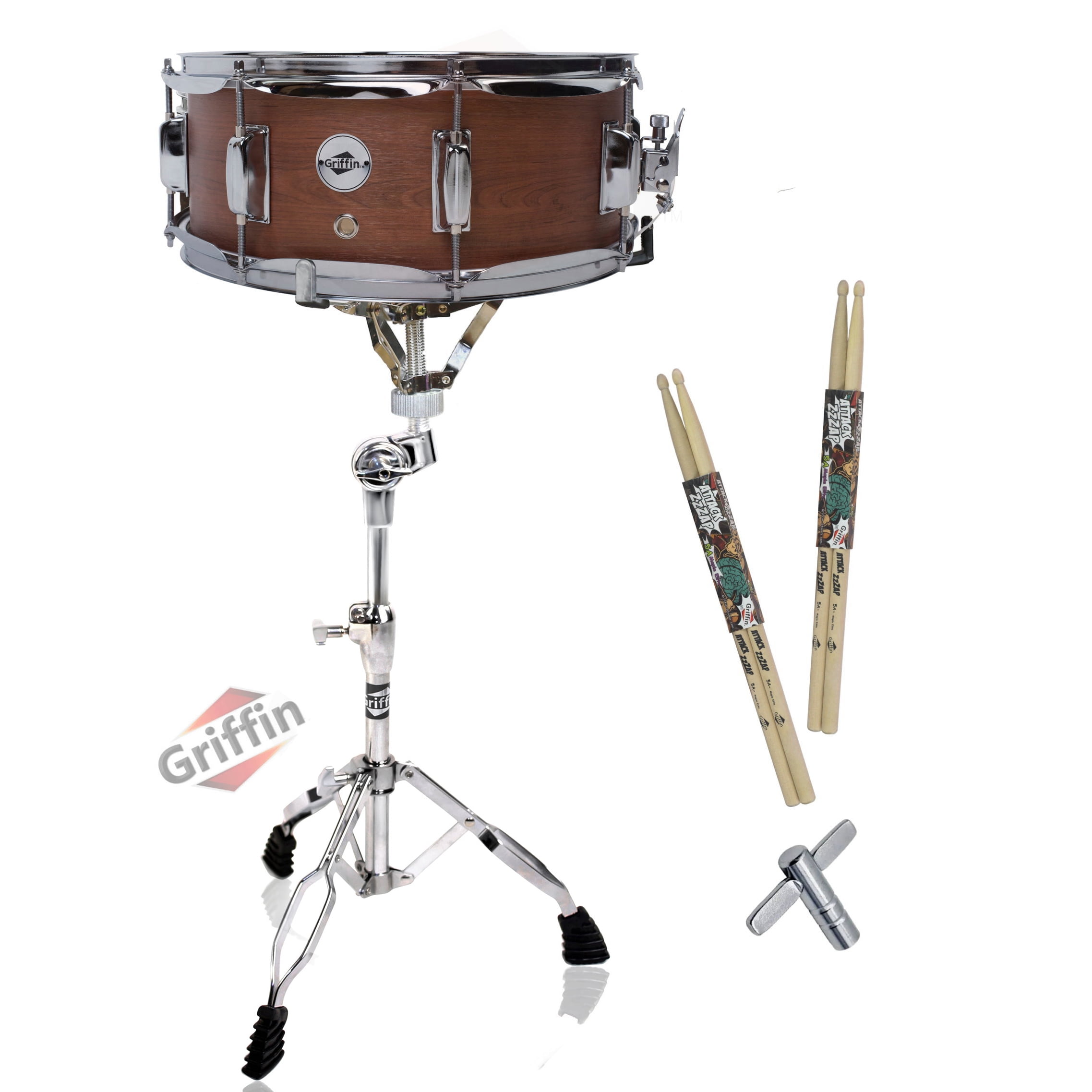 Griffin Snare Drum Package with Snare Stand, 2 Pairs of Drum Sticks & Drum Key Snare Kit with Poplar Wood Shell 14" x 5.5" with Flat Hickory PVC 8 Metal Tuning Lugs & Snare Strainer Throw Off