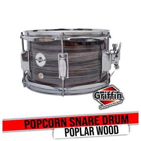 Griffin Snare Drum - Popcorn Firecracker 10" x 6" Poplar Shell with Zebra Wood PVC - Soprano Concert Percussion Musical Instrument with Drummers Key and Snare Strainer Beginner & Professional