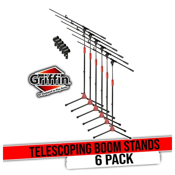 Griffin Telescoping Microphone Boom Stand with Mic Clip (Pack of 6) - Tripod Quality for Studio, Karaoke, Live Performances, Conferences Portable with Collapsible Legs & Removable Arm