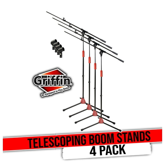 Griffin Telescoping Tripod Microphone Boom Stand with Mic Clip (Pack of 4) - Quality for Studio, Karaoke, Live Performances, Conferences Portable with Collapsible Legs & Removable Arm
