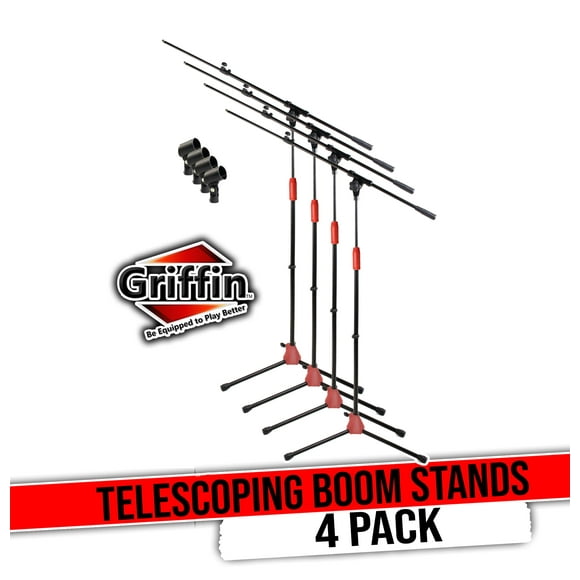 Griffin Telescoping Tripod Microphone Boom Stand with Mic Clip (Pack of 4) - Quality for Studio, Karaoke, Live Performances, Conferences Portable with Collapsible Legs & Removable Arm