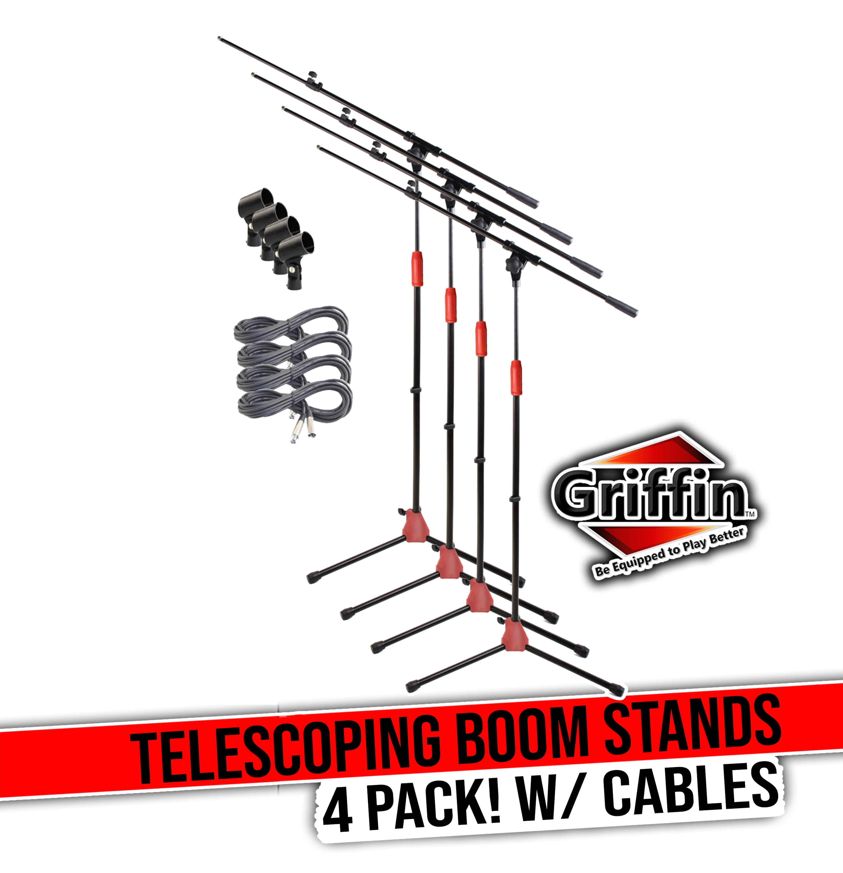 Griffin Telescoping Tripod Microphone Boom Stand with XLR Mic Cable & Clip (Pack of 4) - Quality for Studio, Karaoke, Recording Studio, Live Performances, Conferences - 20 ft Microphone Cord