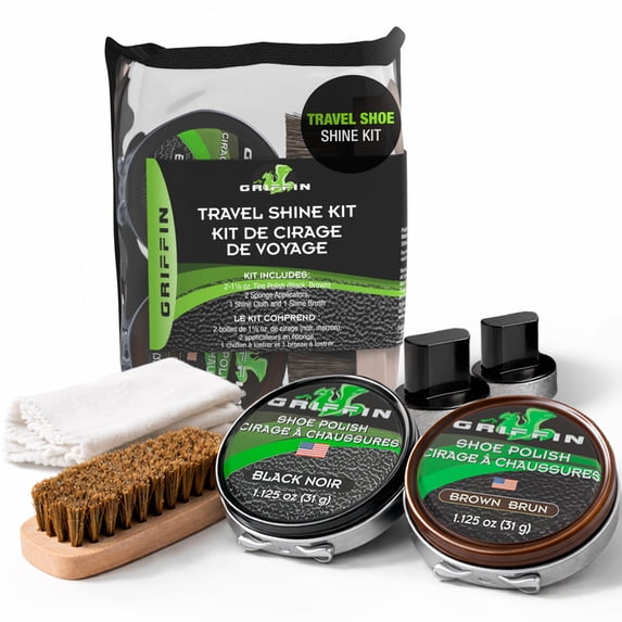 Griffin Travel Shoe Shine Kit - Shoe Polish, Sponge Applicators, Shoe Brush and Cloth