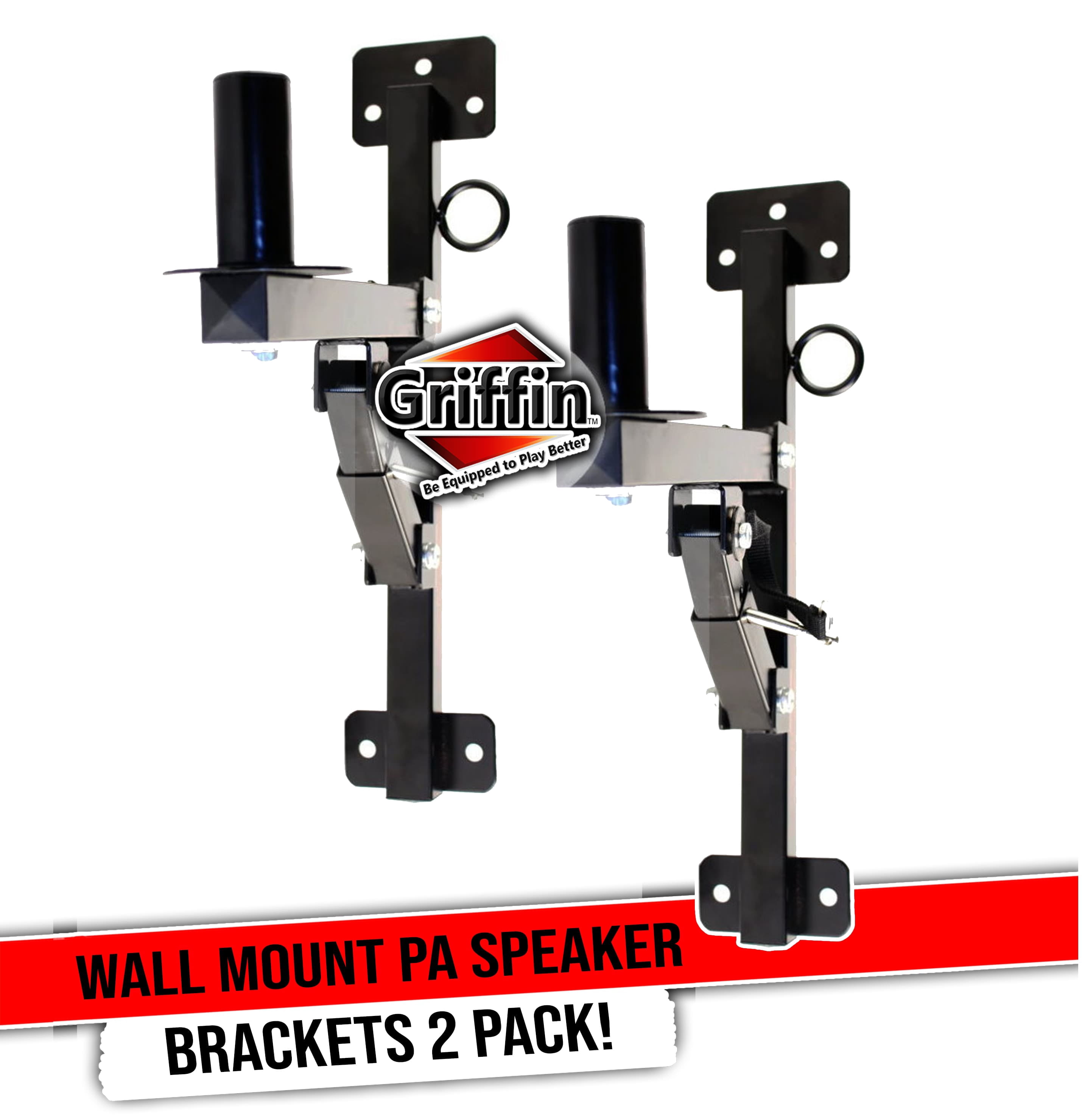 Griffin Wall Mount PA Speakers Brackets Set Of 2 - Professional All Steel Audio Speaker Holders With Securing Locking Pin & 3 Horizontal Level Tilt Adjustments Studio Monitor Stands