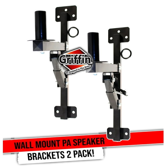 Griffin Wall Mount PA Speakers Brackets Set Of 2 - Professional All Steel Audio Speaker Holders With Securing Locking Pin & 3 Horizontal Level Tilt Adjustments Studio Monitor Stands