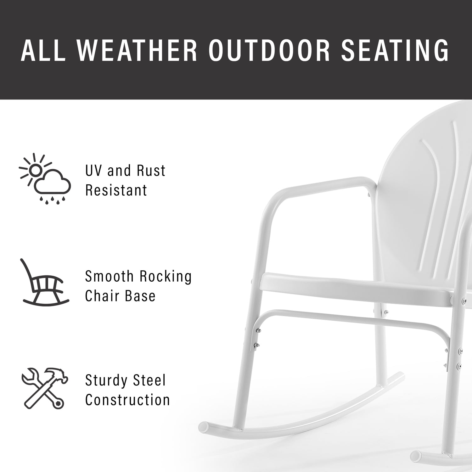 White Steel Retro 3-Piece Outdoor Rocking Chair Set