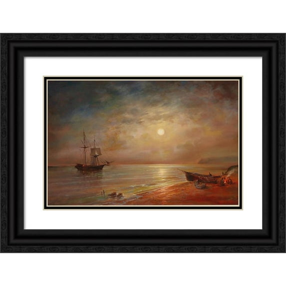 Grigori Ivanovitch Kapustin 14x11 Black Ornate Wood Framed Double Matted Museum Art Print Titled: Moonlit Night Over a Coastal Landscape