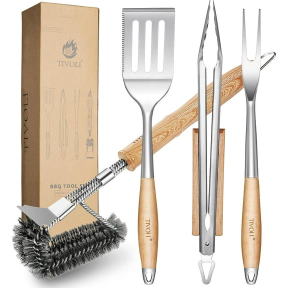 Grill Accessories 4PC BBQ Tools Set with Heavy Duty Stainless Steel Barbecue Spatula, Clips,Brushes, Forks Grill Tools for Outdoor Grill with Wood Handle Gill Gift Ideas for Dad Man