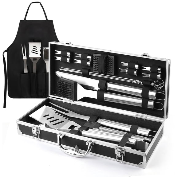 Grill Accessories Kit,21 Pcs Heavy Duty Stainless Steel BBQ Tool Set with Aluminum Case and Apron for Outdoor Grill,Gifts