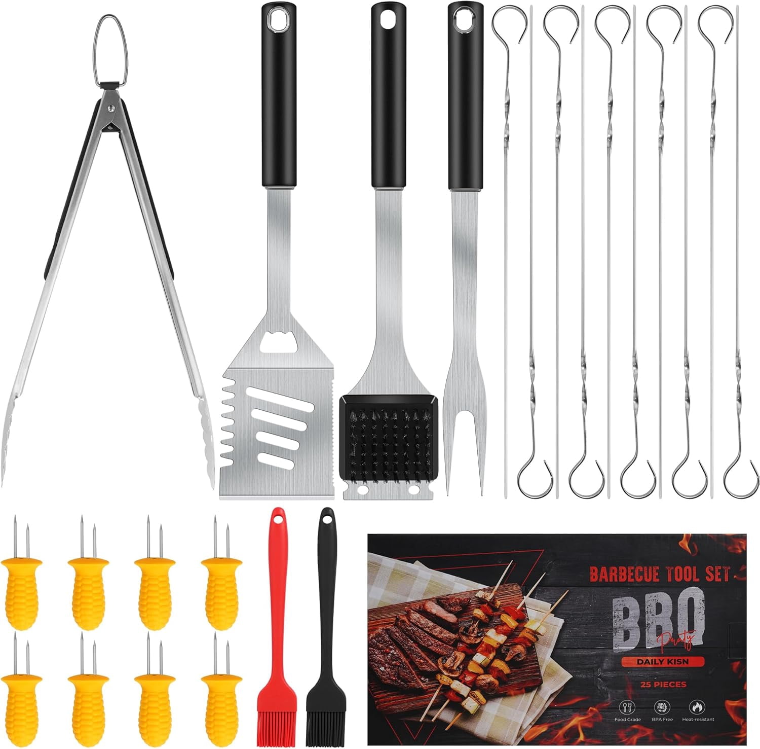 Grill Accessories Kit, Tool Set with 4-in-1 BBQ Spatula, Fork, Tongs, Cleaner Brush, Skewers, Silicone Corn Holders, Grilling Gift for Men and Women