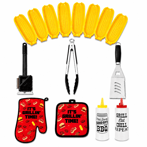 Grill Accessories Set BBQ Tools Set Grilling Gift Set Corn Trays Grill Brush BBQ Tongs Deluxe Spatula Oven Mitt Potholders Condiment Bottles 16 Piece