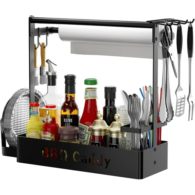 Grill BBQ Utensil Caddy Outdoor with Paper Towel Holder Condiment