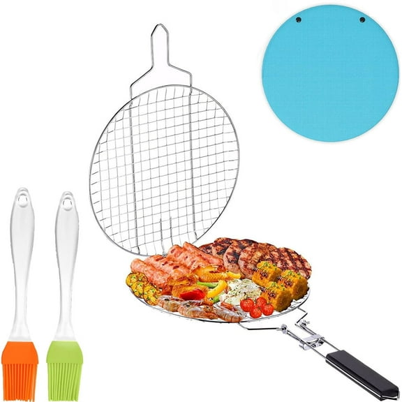 NOGIS Round Portable BBQ Grill Basket with Silicone Brush, Stainless Steel Fish Grill Basket with Removable Secure Locking Handle , Grill Accessories for Outdoor Grill Vegetables Fishes Shrimp