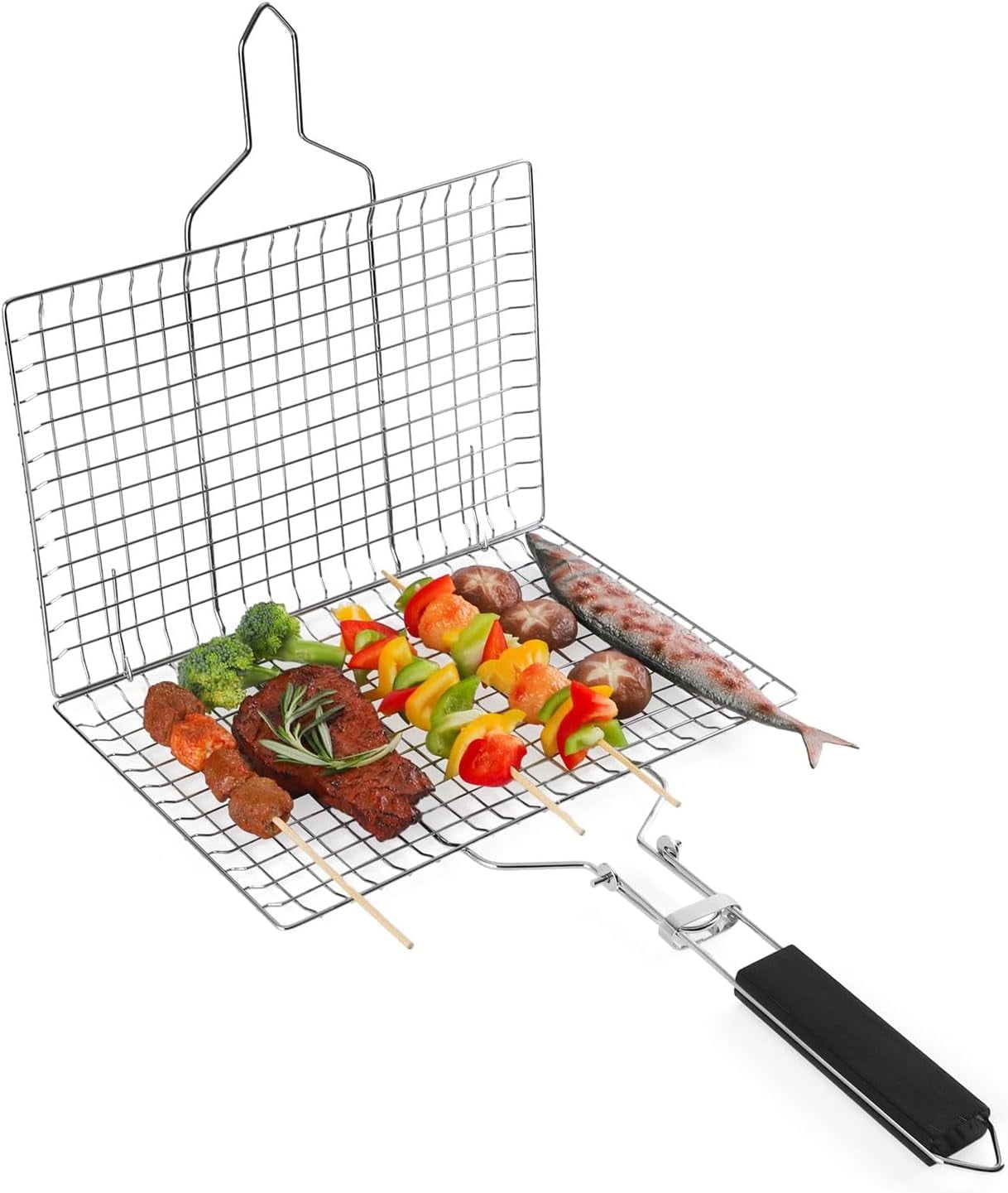 Stainless Steel BBQ Grill Basket with Foldable Handle, Portable Rack ...