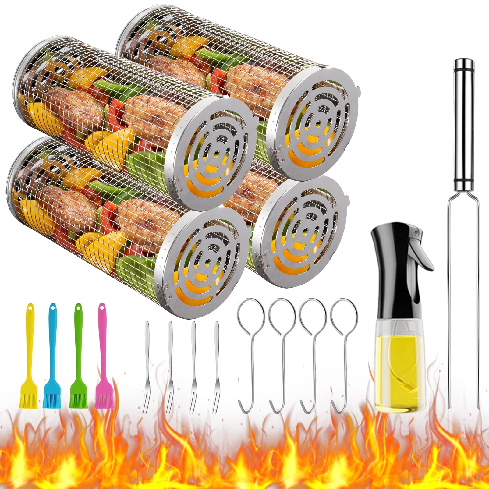 Grill Basket Outdoor Rolling BBQ Basket Stainless Steel Grill Mesh