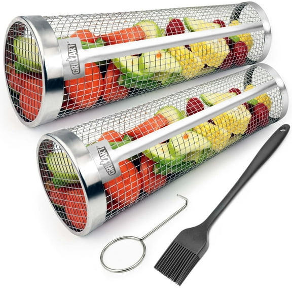 Grill Basket Set - 2 PCS Stainless Steel Rolling Grilling Baskets for BBQ, Ideal for Cooking Meat, French Fries, and Vegetables on Camping or Outdoor Barbecue Large(11.42 inch)