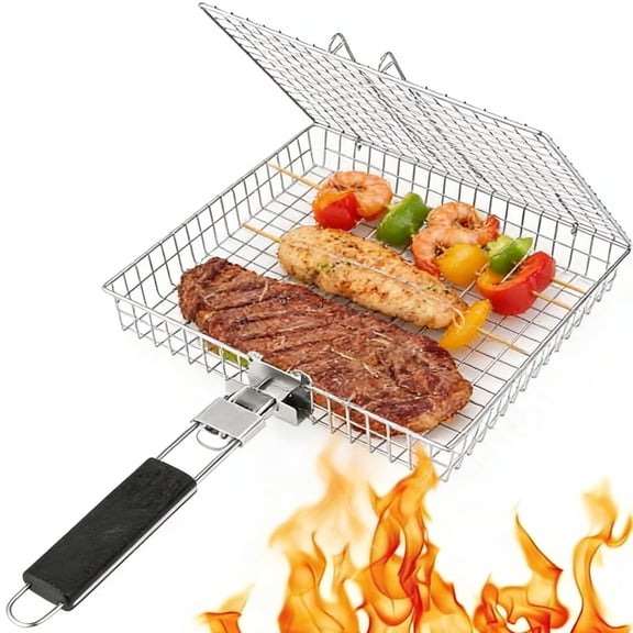 KAMZSZMF Grill Basket Set, Grill Baskets for Outdoor Grill, Stainless Steel Folding Portable Outdoor Camping Rack for Meat, Fish, Shrimp, Vegetables, Cooking Accessories
