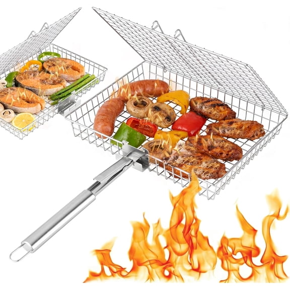 Grill Basket Set for Outdoor Grilling - Large Capacity Fish Grill Basket & Grilling Rack - Food Grade Stainless Steel Portable Flat Basket with Removable Handle for Vegetables, Shrimp & Camping (M+S)