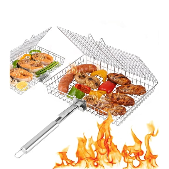 Grill Basket Set for Outdoor Grilling - Large Capacity Fish Grill Basket & Grilling Rack - Food Grade Stainless Steel Portable Flat Basket with Removable Handle for Vegetables, Shrimp & Camping (M+S)