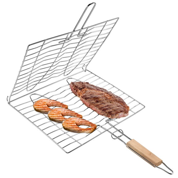 Grill Basket Stainless Steel BBQ Grill Basket Folding Portable Fish Grilling Basket with Handle, Barbecue Grill Baskets for Outdoor Grill Vegetables,